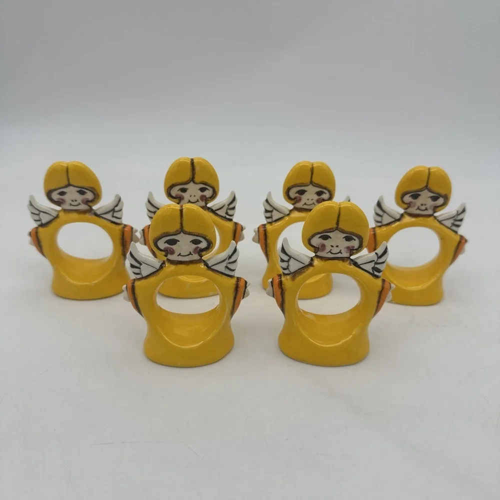 Set‎ of 6 Hand Painted Ceramic Angel Napkin Holder Rings Vintage 1970s Cherubs